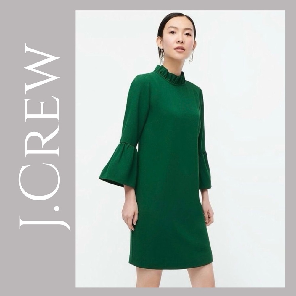 J.Crew Green Ruffle Neck bell sleeve crepe Shift Dress Elegant Workwear Dress 0